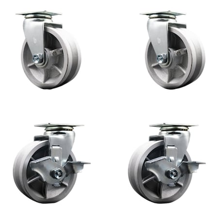 Service Caster 5'' V-Groove Semi Steel Swivel Caster Set with Bronze Bearings 2 Brakes, 4PK SCC-20S520-VGBZ-2-TLB-2